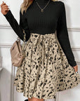 Ribbed Knit Patchwork Abstract Belted Short Dress