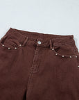 Coffee Side Seam Rivet Detail Ankle Length Casual Jeans