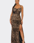 Cecily Teddy Velvet Corset Maxi Dress- Black and Gold