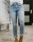 Aiden High Rise Patch Pocket Distressed Boyfriend Jeans