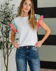 Petals & Poise Floral Flutter Sleeve Top in White