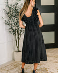 Pinstripe Romance V-Neck Ruffle Sleeve Dress in Black