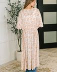 Tropical Print Gauze Kimono with Elastic Waist Tie in Milk Tea