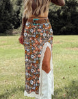 Brown Cheetah Print Trim Split Long Western Skirt