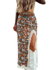 Brown Cheetah Print Trim Split Long Western Skirt