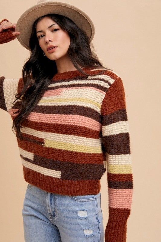 Annie Wear Color Block Round Neck Long Sleeve Sweater-Chocolate