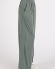 Mittoshop Stretch Banded Waist Wide Leg Pants with Pockets- Army Green