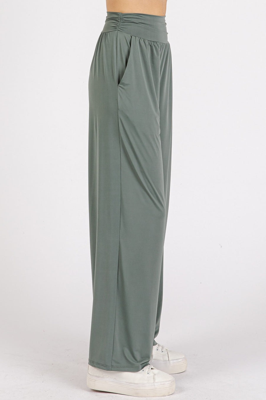 Mittoshop Stretch Banded Waist Wide Leg Pants with Pockets- Army Green