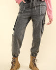 VERY J Washed Drawstring Jogger Cargo Jeans- Black Denim