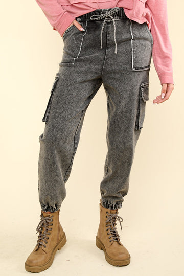 VERY J Washed Drawstring Jogger Cargo Jeans- Black Denim