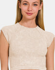 Zenana Ribbed Round Neck Cropped Top-Sand Beige