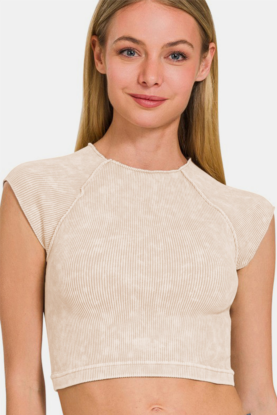 Zenana Ribbed Round Neck Cropped Top-Sand Beige