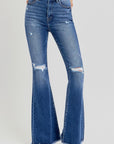 RISEN Full Size High Rise Distressed Raw Hem Flare Jeans