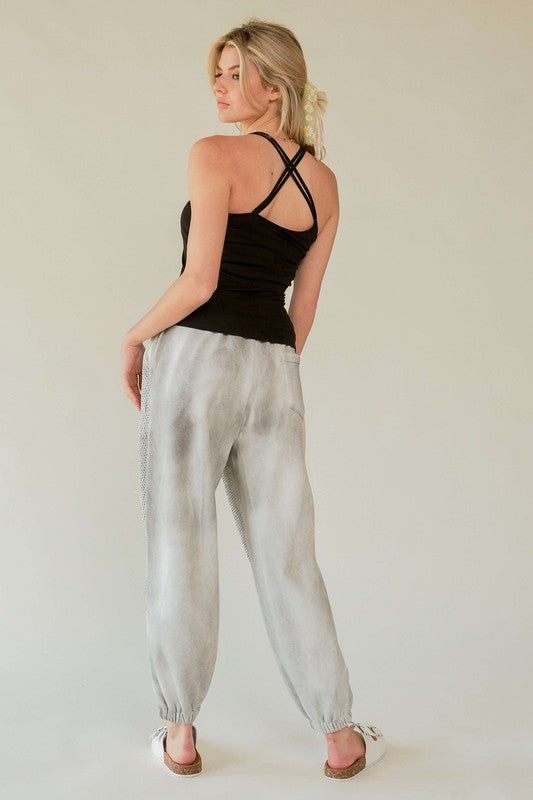 Davi & Dani Rhinestone Elastic Waist Joggers-Light Gray