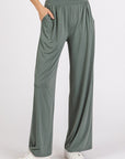 Mittoshop Stretch Banded Waist Wide Leg Pants with Pockets- Army Green