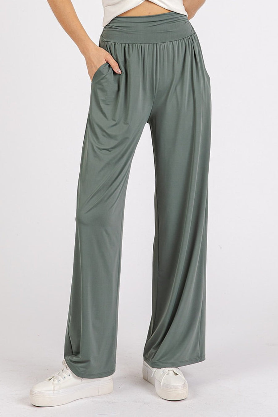 Mittoshop Stretch Banded Waist Wide Leg Pants with Pockets- Army Green