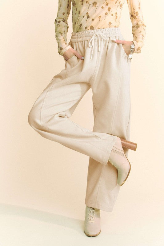 Davi & Dani Drawstring Wide Leg Sweatpants-Cream