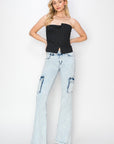 RISEN Full Size High Rise Cargo Flare Jeans-acid light