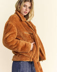 Davi & Dani Fuzzy Zip Up Collared Neck Jacket-Brown