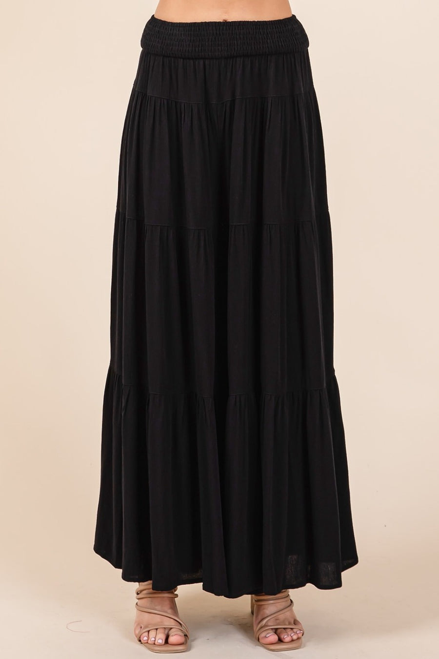 Mittoshop Tier Detail Smocked Elastic Waist Wide Leg Pants- Black