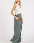 Mittoshop Stretch Banded Waist Wide Leg Pants with Pockets- Army Green