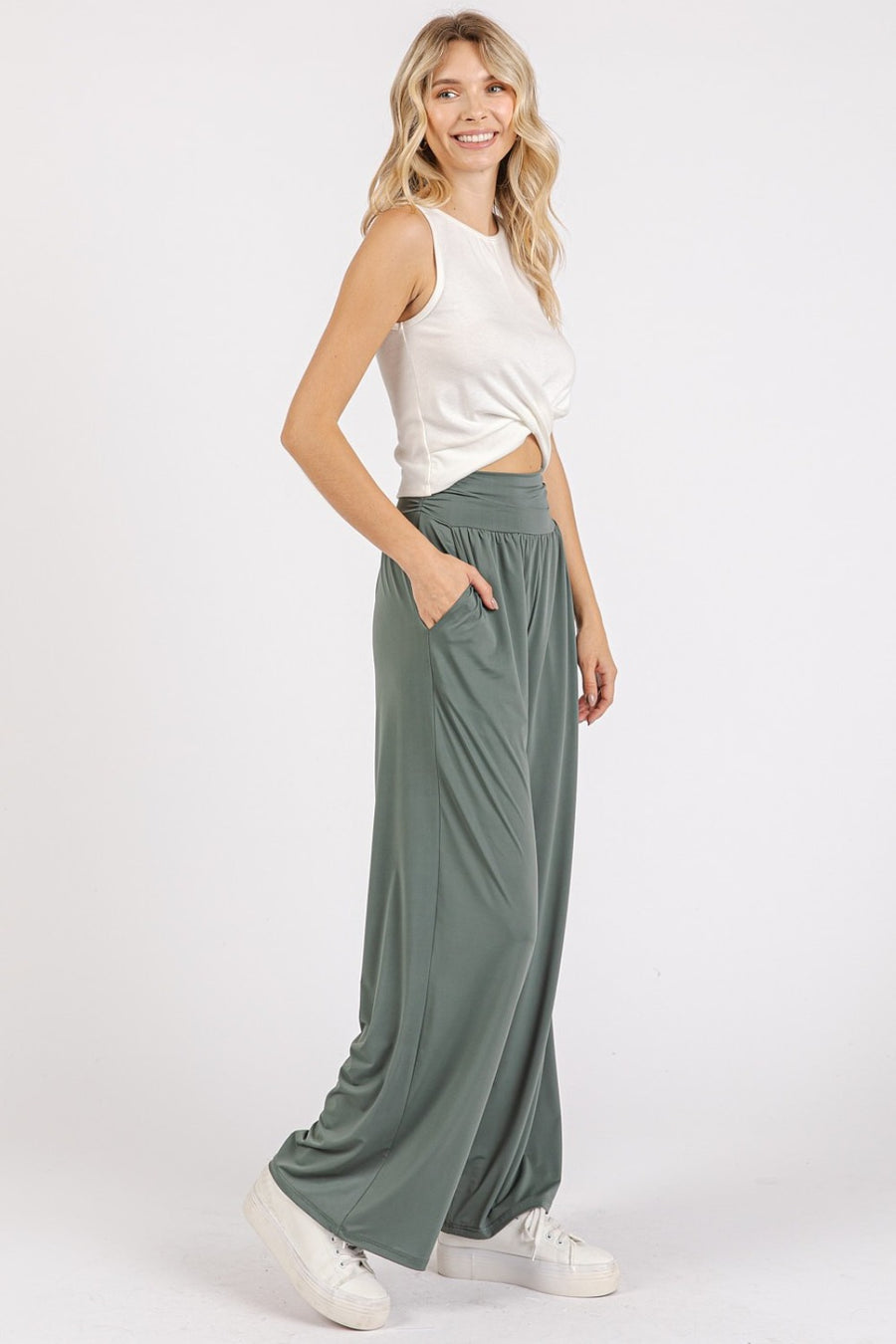 Mittoshop Stretch Banded Waist Wide Leg Pants with Pockets- Army Green