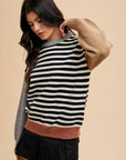 Annie Wear Striped Color Block Round Neck Sweater-Ivory/Black