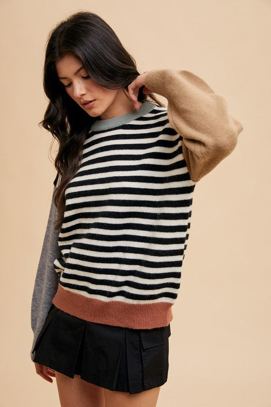 Annie Wear Striped Color Block Round Neck Sweater-Ivory/Black