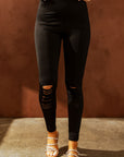 Double Take Wide Waistband Distressed Slim Fit Leggings- Black