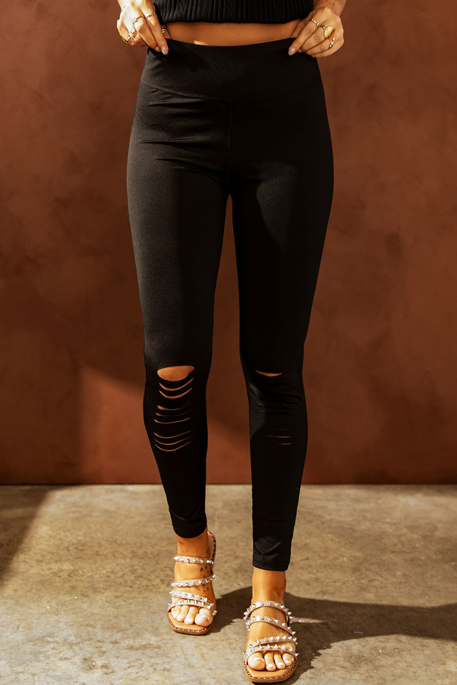 Double Take Wide Waistband Distressed Slim Fit Leggings- Black