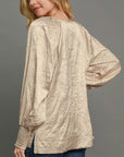 Umgee Wrinkled Round Neck Lantern Sleeve Blouse