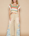 POL Openwork Ethnic Pattern Square Neck Cropped Knit Top