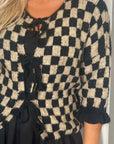 Double Take Tied Checkered Dropped Shoulder Flounce Sleeve Cardigan