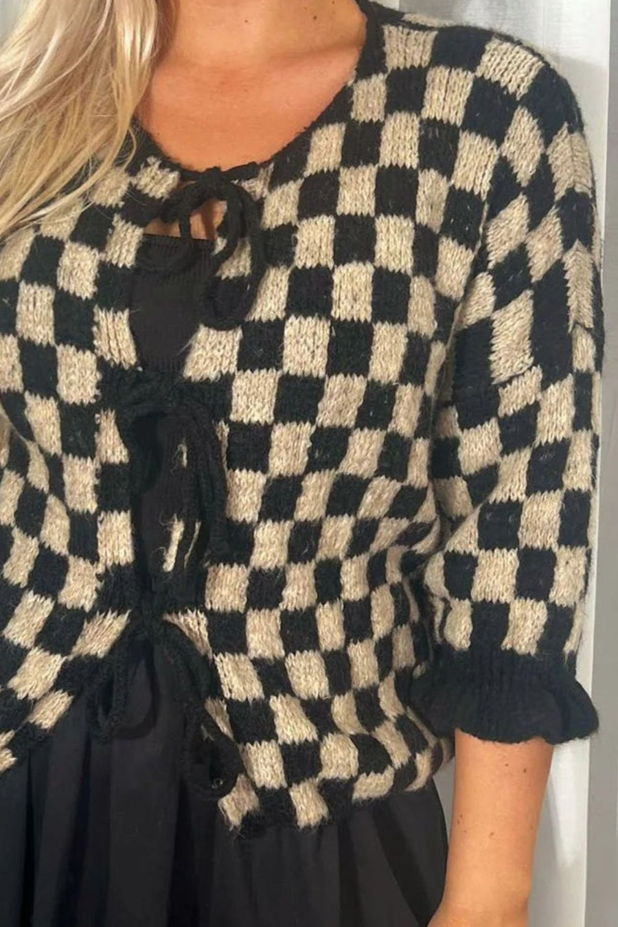 Double Take Tied Checkered Dropped Shoulder Flounce Sleeve Cardigan