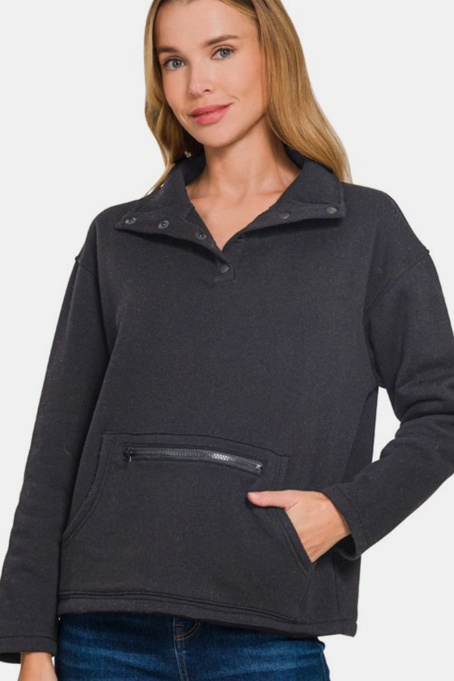 Zenana Turtleneck Half Snap Fleece Sweatshirt