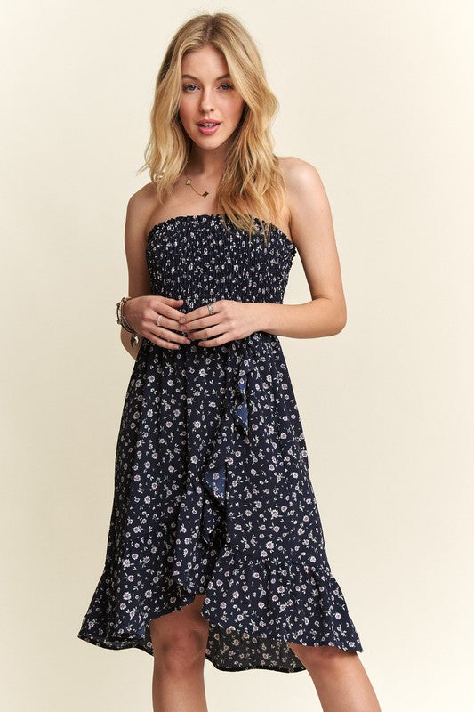 ADORA Smocked Floral Tube Dress with Pockets- Navy floral