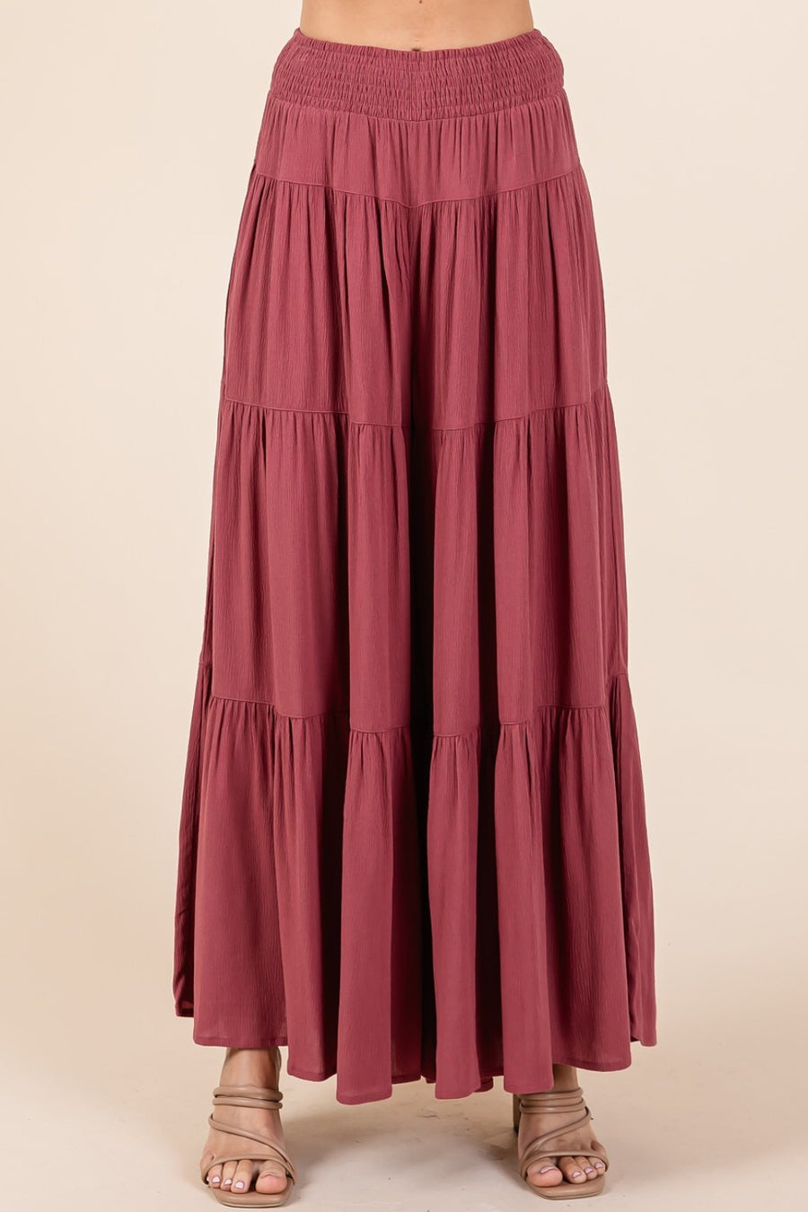 Mittoshop Tier Detail Smocked Elastic Waist Wide Leg Pants- Sienna Rust