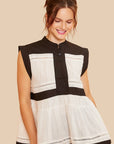 Annie Wear Contrast Trim Peplum Button Detail Blouse- Black Combo