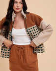 Annie Wear Plaid Zip Up Drop Shoulder Sherpa Jacket- Oatmeal/Camel