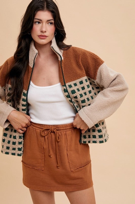 Annie Wear Plaid Zip Up Drop Shoulder Sherpa Jacket- Oatmeal/Camel