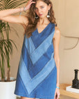 ADORA Chevron Color Block V-Neck Denim Dress-.Denim