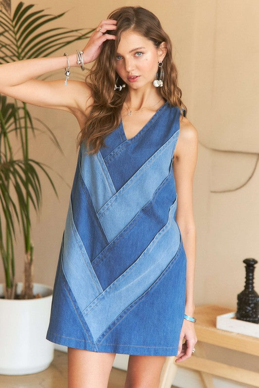 ADORA Chevron Color Block V-Neck Denim Dress-.Denim