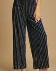 Umgee Full Size Elastic Waist Striped Wide Leg Velvet Pants