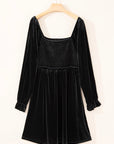 Plus Size Smocked Square Neck Long Sleeve Dress- Black