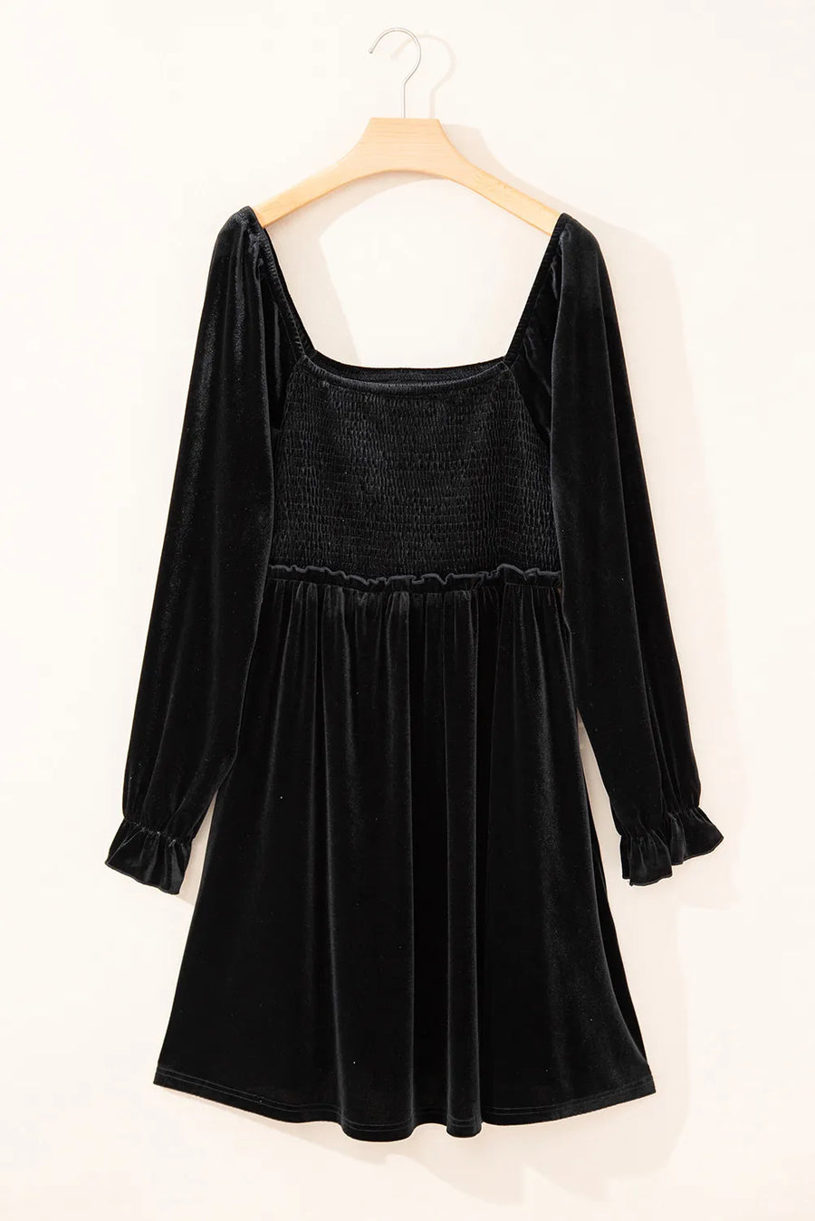 Plus Size Smocked Square Neck Long Sleeve Dress- Black