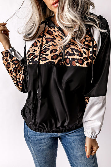 Black Leopard Print Contrast Stitching Jacket