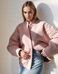 Double Take Plush Mock Neck Snap Down Jacket with Pockets- Blush Pink