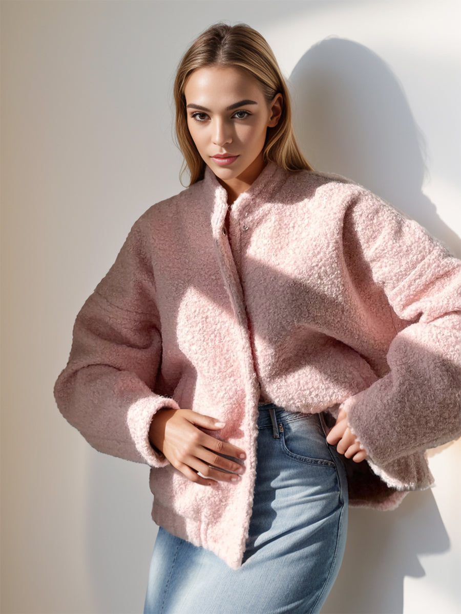 Double Take Plush Mock Neck Snap Down Jacket with Pockets- Blush Pink