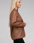 Sleek Pu Leather Blazer with Front Closure