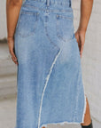 Raw Hem Slit Denim Skirt with Pockets